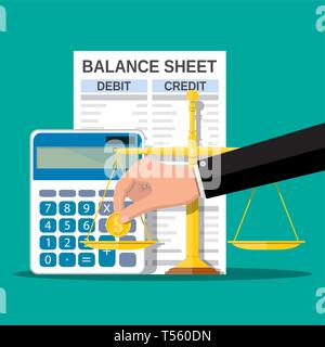 Balance sheet with calculator, scales, hand with coin. Financial reports statement and documents. Accounting, bookkeeping, debit and credit calculatio Stock Vector