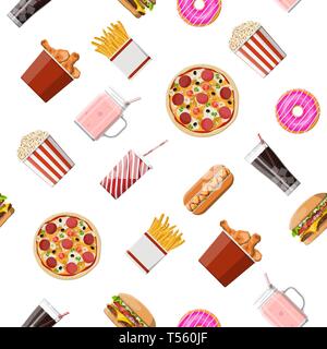 Fast food set seamless pattern. Burger pizza, hotdog, fried chicken, fries, popcorn, donut, milk cocktail cola soda, ice cream, paper glass. Fastfood. Stock Vector