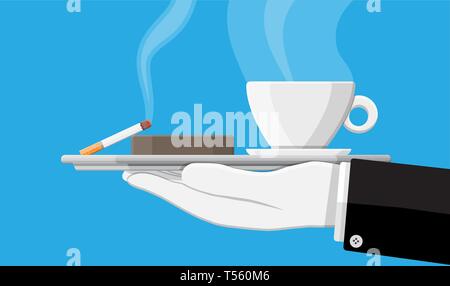 Coffee cup and ashtray full of smokes cigarettes. Unhealthy lifestyle. Breakfast and morning. Vector illustration in flat style Stock Vector
