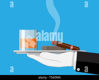 Glass of whiskey with cigar and ashtray in hand. Premium alcohol, tobacco. Bourbon alcoholic drink, smoking products. Luxury lifestyle concept. Vector Stock Vector