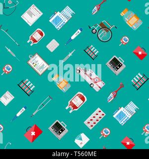 Seamless pattern. Medicine pills capsules bottles healthcare devices. Ambulance car helicopter, hospital building. Healthcare, medical diagnostics. Ur Stock Vector