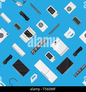 Seamless pattern. Household appliances electronic devices set. Freezer fan clocks vacuum stove washing machine microwave fridge iron kettle tv loudspe Stock Vector