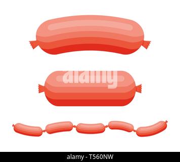 Sausages product of meat beef, pork or chicken. Uncooked raw sausage. Vector illustration in flat style Stock Vector