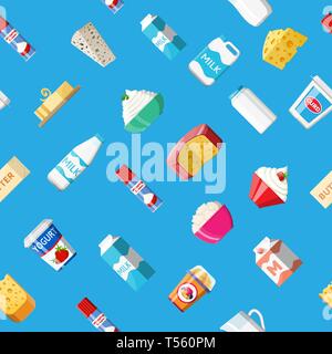 Dairy products set seamless pattern. Collection of milk food. Milk, cheese, yogurt, butter, sour cream, cottage, cream. Tradicional farm products. Vec Stock Vector