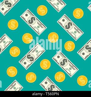 Seamless pattern of dollar banknotes and golden coins. Concept of savings, donation, paying. Symbol of wealth. Vector illustration in flat style Stock Vector