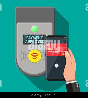 Hand with smartphone and bank card near terminal. Airport, metro, bus, subway ticket validator. Wireless contactless cashless payments, rfid nfc. Flat Stock Vector
