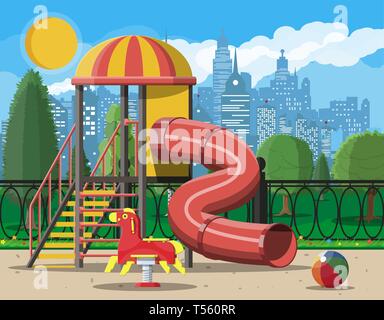 Kids playground kindergarten panorama. Urban child amusement. Slide ladder, rocking toy on spring, slide tube, swing balancer, sandbox. Cityscape. Vec Stock Vector