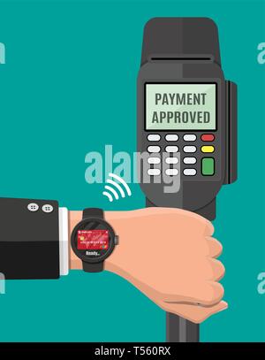 Premium Photo | Closeup of businesswoman making contactless payment with  smart watch using pos terminal service