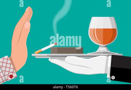 Alcohol and tobacco abuse concept. Hand gives glass of wine and cigarette to other hand. Stop alcoholism. Rejection of smoking. Vector illustration in Stock Vector