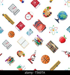 Seamless school set pattern. Different school supplies, stationery. Note globe paint calculator backpack clock ball apple building schoolbus atom. Vec Stock Vector