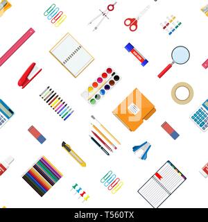 Seamless pattern stationery set. Book, notebook, ruler, knife, folder, pencil, pen, calculator, scissors, paint tape file Office supply school Office  Stock Vector