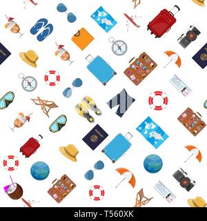 Travel seamless pattern. Summer holiday, tourism and vacation items. Bag photo camera compass, airplane, globe, map, scuba mask, flip flops, cocktail, Stock Vector