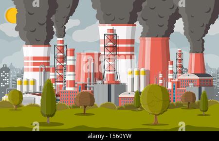 Plant smoking pipes. Smog in city. Trash emission from factory. Grey sky polluted trees grass. Cityscape skyline, urban. Environmental pollution ecolo Stock Vector