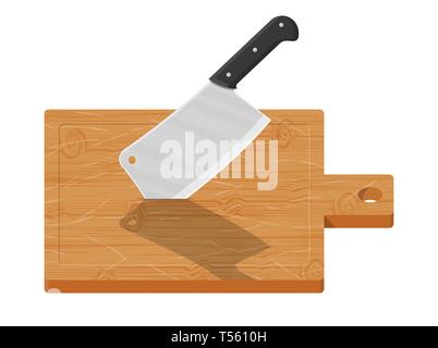 Wooden cutting board and kitchen knife. Butcher cleaver knife and chopping board. Utensils, household cutlery. Cooking, domestic kitchenware. Vector i Stock Vector