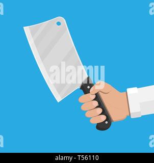 Butcher knife in hand. Kitchen cleaver knife for meat. Vector illustration in flat style. Stock Vector