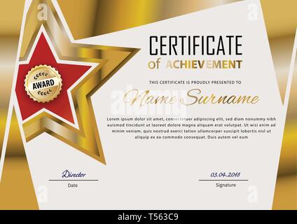 Official certificate with gold design elements and gold red star. Business modern design. Gold emblem Stock Vector