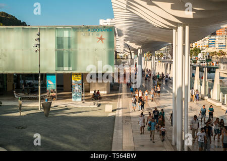 Malaga, Spain - July 1, 2018. Waterfront promenade with a pergola at Muelle Uno in the port of Malaga city, Andalucia region, Spain, Western Europe. Stock Photo