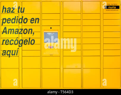 Malaga, Spain - May 12, 2018. An Amazon Locker which may be used by Amazon customers as a pick up point for Shopping Centre Larios Centro mail order g Stock Photo