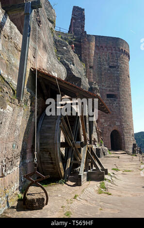 South tower and crane wheel of rock castle Altdahn, a medieval fortress at village Dahn, Wasgau, Rhineland-Palatinate, Germany Stock Photo