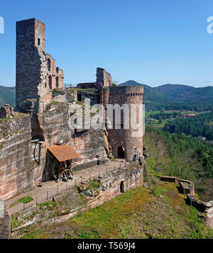 South tower and crane wheel of rock castle Altdahn, a medieval fortress at village Dahn, Wasgau, Rhineland-Palatinate, Germany Stock Photo