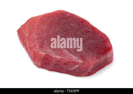 Single fresh raw yellowfin tuna steak isolated on white background Stock Photo