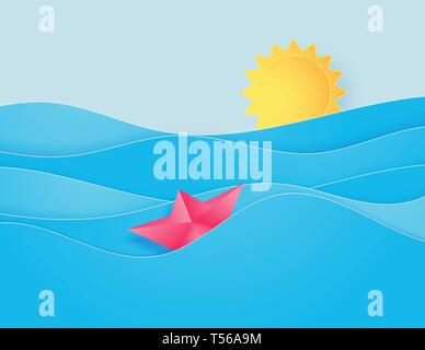 Ocean water wave with origami made sailing boat floating on the sea and sun paper cut style. Leadership recruitment and talent headhunting concept. Stock Vector