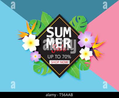 Summer sale banner template with paper cut tropical leaves and flower on pastel color background. Design for Poster, banner, advertising, wallpaper, p Stock Vector