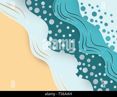 Creative illustration summer concept. Abstract paper art background with top view sea wave and beach paper cut style. Summer season design for brochur Stock Vector