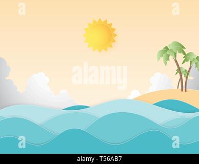 Creative illustration summer background concept paper cut style with landscape of sea wave and beach with palm tree. Summer season design for brochure Stock Vector