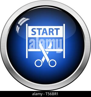 Scissors Cutting Tape Between Start Gate Icon. Glossy Button Design. Vector Illustration. Stock Vector