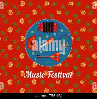 Music Festival. Square red poster with floral pattern. Harp, balalaika, rattle, harp, Gusli and notes on a blue background. Banner concert equipment f Stock Vector