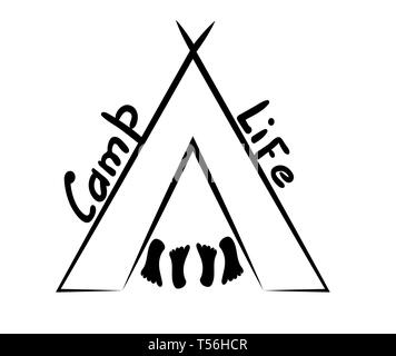 Tent and four heels. Inscription Kemp Life. Vector illustration in linear style. Minimalistic black and white print to print a mug, clothes, road embl Stock Vector