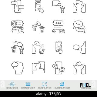Vector Line Icon Set. Communication Related Linear Icons. Dialogue, Chat Symbols, Pictograms, Signs. Pixel Perfect Design. Editable Stroke. Stock Vector