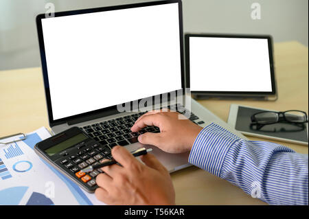 man Hands typing on computer laptop desktop with female hands working on modern laptop Stock Photo