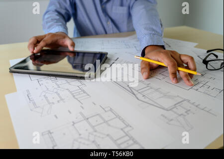 Architects working laptop  interior Architect workplace Construction concept tools Stock Photo