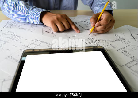 Architects working laptop  interior Architect workplace Construction concept tools Stock Photo