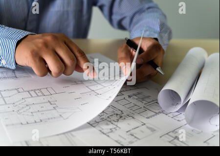 Architects working laptop  interior Architect workplace Construction concept tools Stock Photo