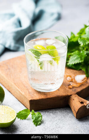 Alcohol free sparkling mojito, soda water with lime and mint. Healthy refreshing summer ice cold drink