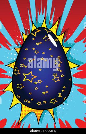 Vector cartoon colored Easter egg. Illustrated holiday sign on comic book background. Stock Vector