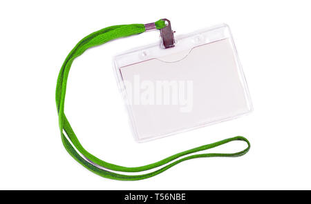 Blank badge mockup with green ribbon rope. Empty name tag mock up. Corporate badge namecard isolated on white clipping path Stock Photo