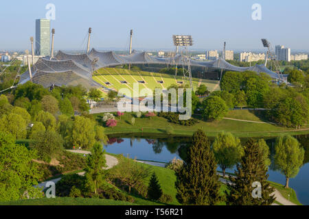 Munich, Germany - April 22, 2018: Olympiastadion is a stadium located in Olympiapark in northern Munich was built as the main venue for the 1972 Stock Photo
