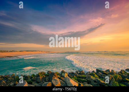 Sunset over the sea. Atlantic ocean in evening, Porto, Portugal, Europe Stock Photo