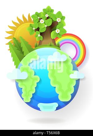 Vector illustration of earth globe. A blue planet with clouds and paper-style space. Stock Vector