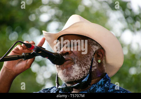 American Blues musician Taj Mahal performing at SummerStage in Central Park, New York City Stock Photo