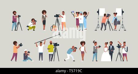 set different poses photographers and cameramans using cameras african american characters shooting video taking pictures working during session Stock Vector