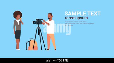 Reporters Rendering Stand In woman journalist with camera man presenting live news operator filming ...
