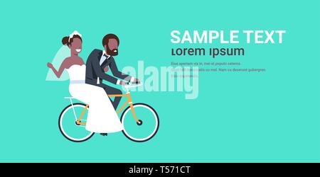 just married african american couple riding bicycle bride and groom cycling bike having fun wedding day concept copy space full length horizontal flat Stock Vector