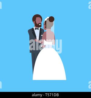 newlyweds just married african american man woman embracing dancing together romantic couple bride and groom in love wedding day concept blue Stock Vector