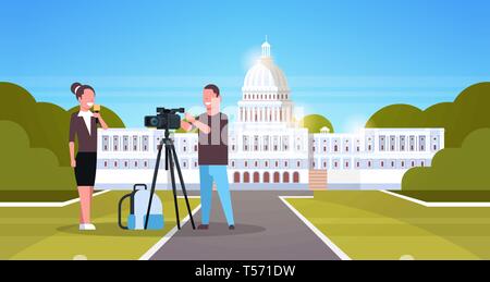 woman journalist with reporter man presenting live news operator using video camera on tripod recording correspondent movie making concept horizontal Stock Vector