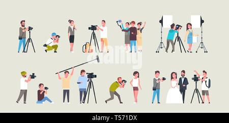 set different poses photographers and cameramans using cameras african american characters shooting video taking pictures working during session Stock Vector